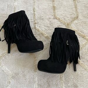 Just fab Fringe Black Ankle Boots with Gold Buckle